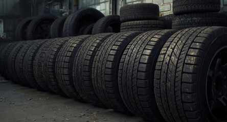 Obraz premium Worn rubber tires collected within a garage for vehicle servicing