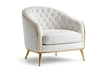 Fototapeta premium Classic art deco white armchair with quilted upholstery on brass legs isolated on white background with clipping path