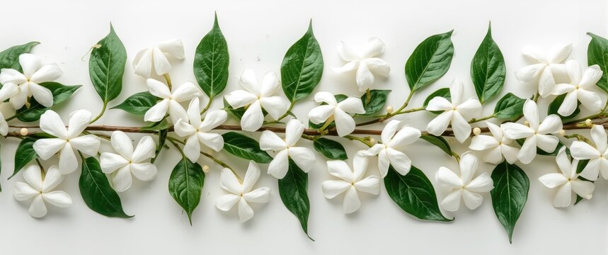 Lovely arrangement of white jasmine flowers and healthy green leaves set on a spotless white background for elegant floral design