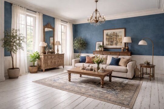 Spacious living room with vintage style white flooring and blue accent wall