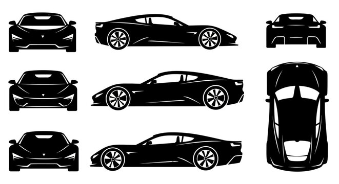 Black Sports Car Silhouettes: Front, Side, and Top Views