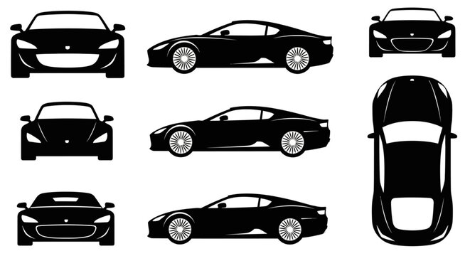 Black Sports Car Silhouettes: Front, Side, and Top Views