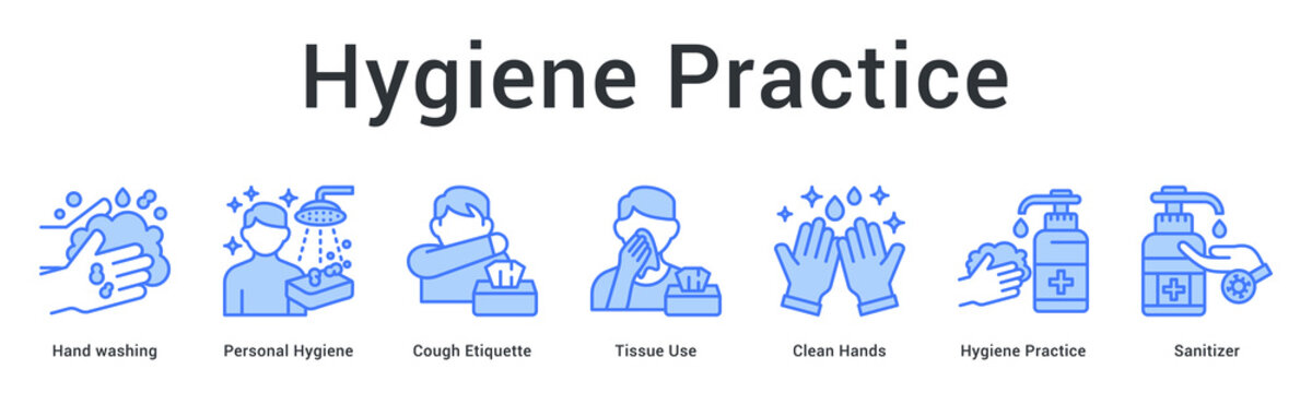 Hygiene practice banner web icon emphasizes proper handwashing and cough etiquette for disease prevention routines.