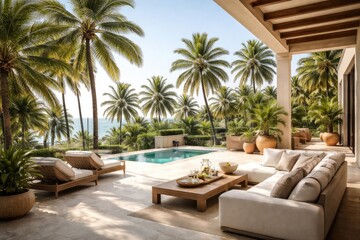 Fototapeta premium Sunny villa terrace overlooking tall palm trees on a bright day