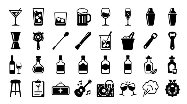 Collection of Bar and Drink Icons Representing Nightlife and Celebration
