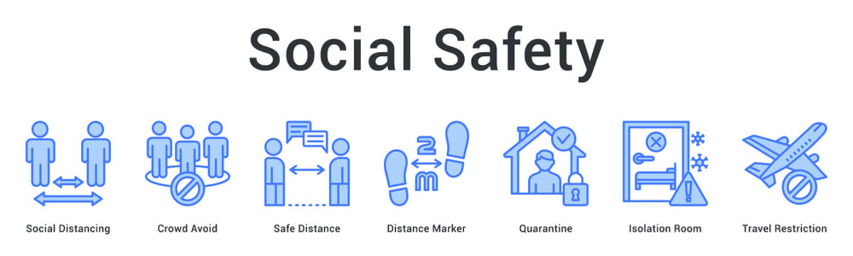 Social safety banner web icon implements distancing measures, quarantine protocols and travel restrictions for community protection.