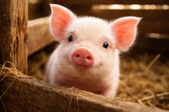 Close-up of a charming pink piglet inside a rustic wooden pen looking curiously at the camera