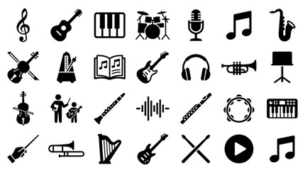 Collection of Music Icons and Symbols Representing Various Instruments and Musical Elements © Iconique Studio