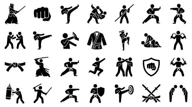Martial Arts Icons Set Diverse Combat Sports Silhouettes Representing Discipline Strength and Self Defense Training