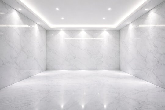 Interior of an empty room with polished white marble walls and bright lighting