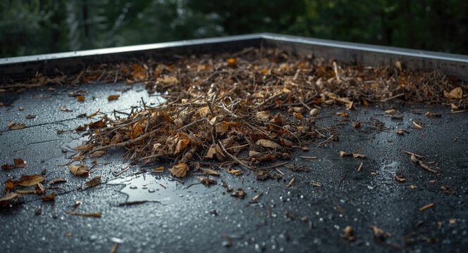 Water accumulation and tree debris on flat roof pointing to drainage and settling problems