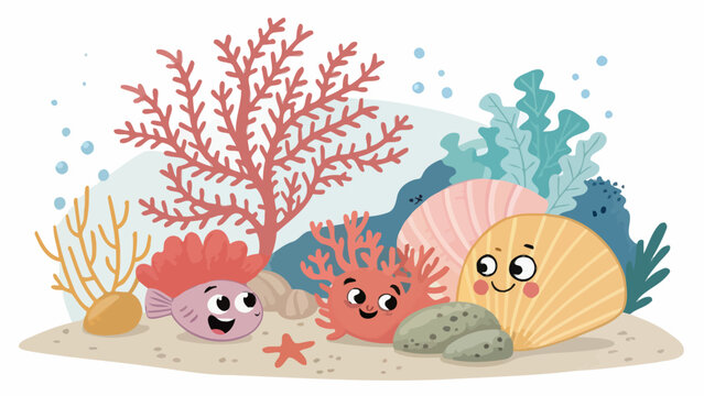 Colorful cartoon coral shells and sea plants with smiling faces on ocean floor surrounded by sand and bubbles