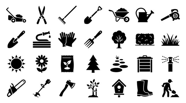 Gardening Tools and Supplies Icons Set for Outdoor and Home Garden Maintenance and Landscaping