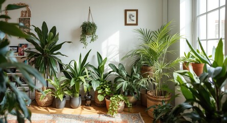 Fototapeta premium Warm living space filled with thriving houseplants and a bright cheerful mood