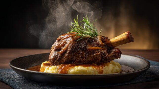 Braised lamb shank with rich glossy sauce, served over creamy mashed potatoes, warm lighting and gentle steam creating an elegant and inviting dish.