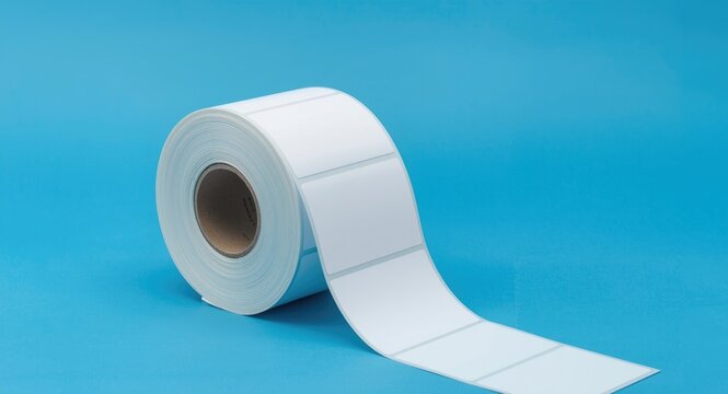 White roll of self adhesive labels with thermal perforation on blue background
