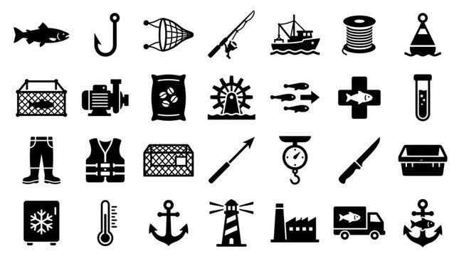 Aquaculture and Fishing Industry Icons Set Vector Illustration of Equipment and Tools for Fish Farming and Seafood Production