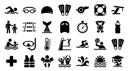 Collection of Swimming and Water Sports Icons Representing Aquatic Activities and Safety Equipment © Iconique Studio
