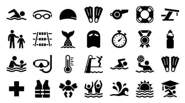 Collection of Swimming and Water Sports Icons Representing Aquatic Activities and Safety Equipment