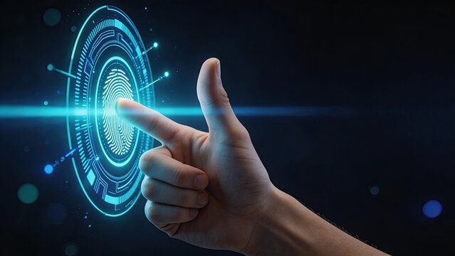 Futuristic biometric security concept showing human hand touching glowing digital fingerprint scanner interface advanced cyber authentication technology for data protection and