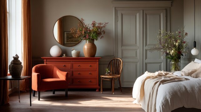Terracotta vintage chest paired with modern bedroom decor, soft illumination and clean space expressing privacy and emotional warmth.