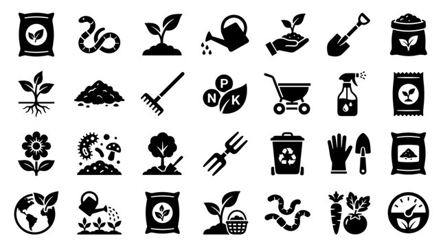 Gardening Icons Set Agriculture Farming Tools Plants Soil Fertilizers and Organic Growth Symbols