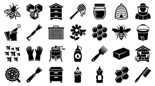 Beekeeping Equipment and Tools Collection Icons Set Vector Illustration Apiary Supplies and Honey Production Symbols