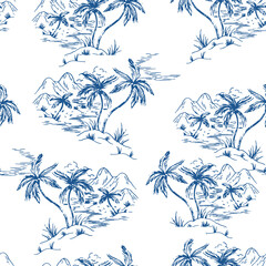 Seamless blue and white tropical toile pattern. Vintage hand drawn palm tree island sketch background. Coastal landscape textile design. © RDYD Studio
