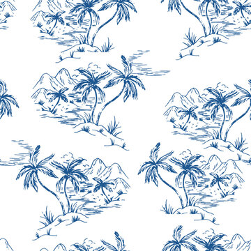 Seamless blue and white tropical toile pattern. Vintage hand drawn palm tree island sketch background. Coastal landscape textile design.