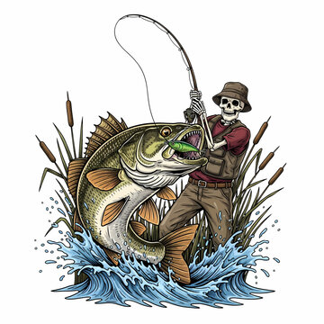 Skeleton fisherman catching big walleye fish in the river
