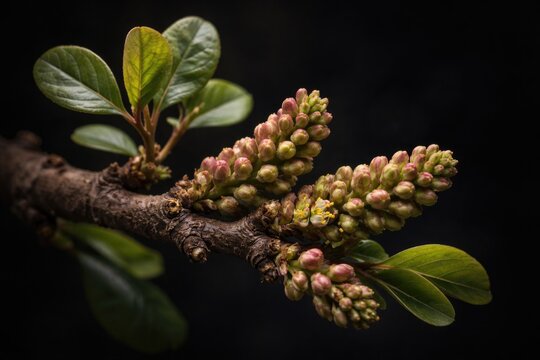 Ceratonia siliqua branch with fresh buds displaying botanical details on a dark backdrop
