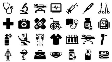 Fototapeta premium Collection of Medical and Healthcare Icons Representing Health Services and Equipment