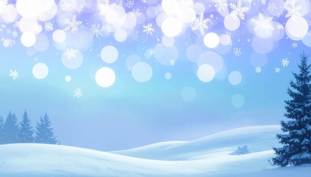 Festliche Winterlandschaft mit Tannenb&auml;umen, Schneeflocken und Bokeh-Lichtern vor blauem Himmel, ideal als magischer Hintergrund f&uuml;r die Feiertage.