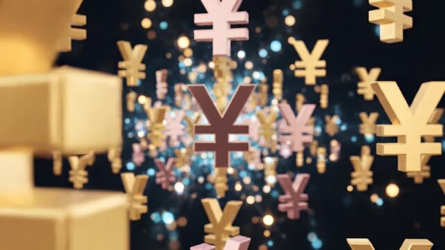 Golden and pink currency symbols float in a dark, bokeh-lit space