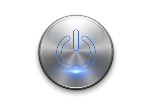 Glowing power button icon on metallic surface with blue neon light effect
