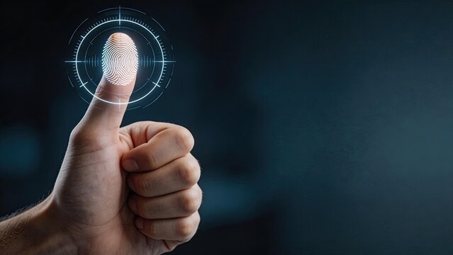Futuristic digital fingerprint biometric authentication security interface hightech scanning system cyber identity verification modern technology concept isolated on dark