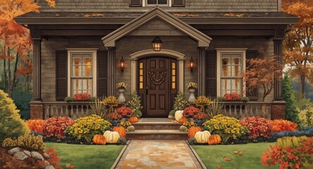 Obraz premium Illustrated autumn architecture in watercolor featuring a cozy house with pumpkins and decorative plants