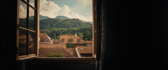 Obraz premium Warm summer day observed from an open window with rooftops and rich mountain vegetation
