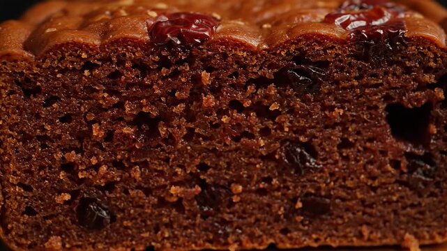 Macro close-up of rich fruitcake slice texture with raisins and dried fruit. delicious traditional holiday baked dessert detail against dark background.