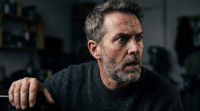 Haunted expression of a middle-aged man with a grey beard in a dimly lit, foreboding room at night