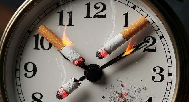 Clock with cigarettes as hands smoking.