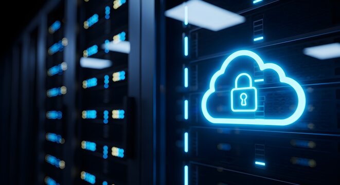 Close-up of a secure cloud storage icon with a padlock on a server rack in a dark data center with blue illuminated panels and a shallow depth of field.