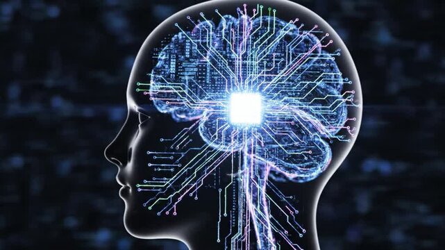 Digital brain inside a human head silhouette representing artificial intelligence technology