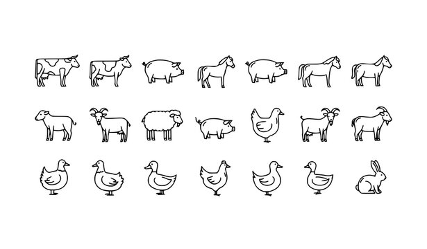 Farm animals line art icon set in horizontal layout with clean outline style for livestock and rural themes