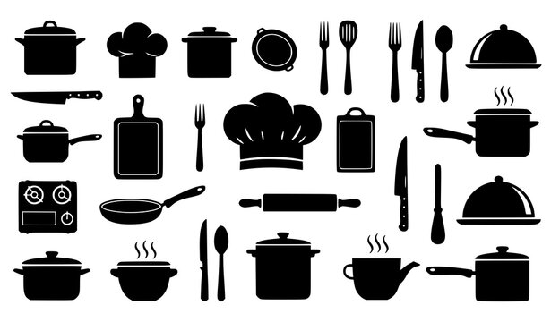 Kitchen cooking silhouette icon collection in flat black style with creative scattered layout for culinary themes
