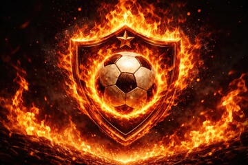 Fototapeta premium Fiery Football Emblem Surrounded By Flames On Dark Background