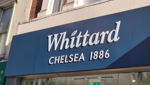 London UK 02.07.2025 Whittard storefront with classic blue signage and established 1886 branding showcasing premium tea and coffee retail heritage in elegant Soho shopping street