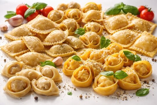Assorted Italian stuffed pasta varieties including tortellini agnolotti cappelletti ravioli and uszka on a clean white surface