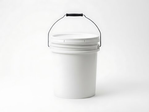 A standard white 5 gallon pail with a metal wire handle and black plastic grip isolated on a plain white studio background for industrial use storage