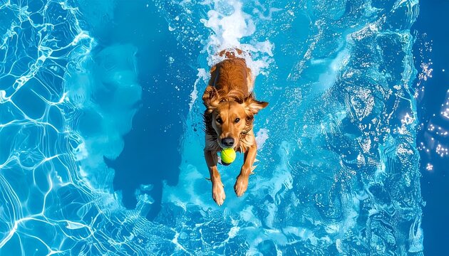 Top-Down View of Golden Retriever Swimming with Tennis Ball in Bright Blue Pool Splashing